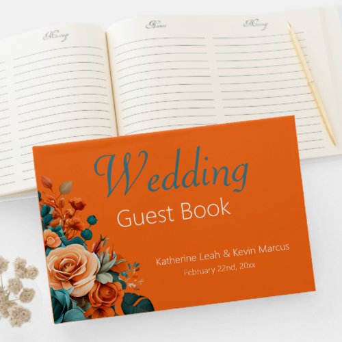 Elegant Teal and Orange Floral Wedding  Guest Book