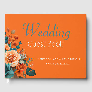 Elegant Teal and Orange Floral Wedding Guest Book