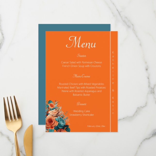 Elegant Teal and Orange Floral Wedding  Menu (Front/Back In Situ)