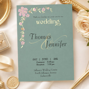 Elegant Teal and Pink Botanical Wedding Gold Foil Invitation
