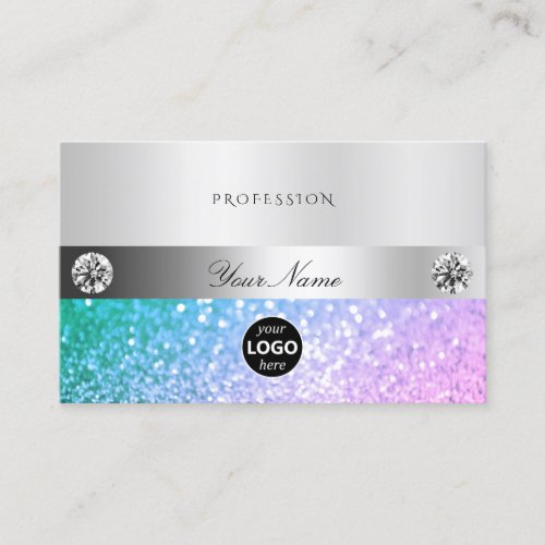 Elegant Teal and Pink Glitter Logo Luminous Silver Business Card