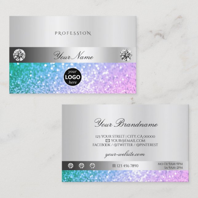 Elegant Teal and Pink Glitter Logo Luminous Silver Business Card (Front/Back)