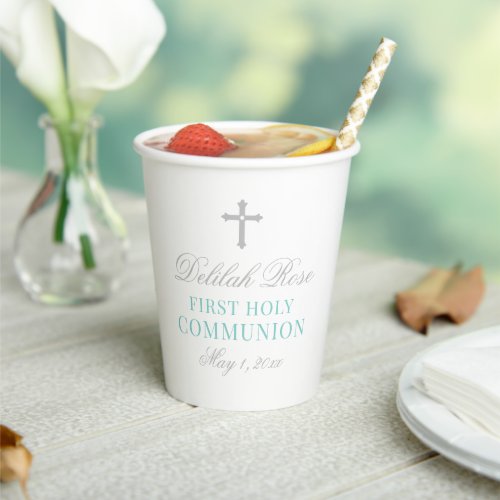 Elegant Teal and Silver First Communion for Girl Paper Cups