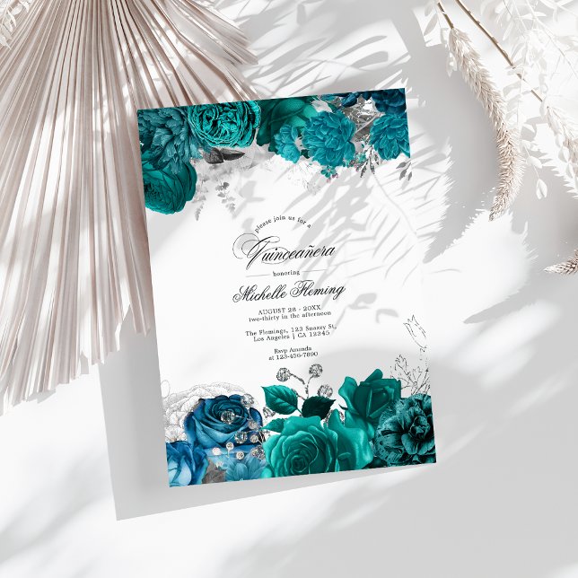 Elegant Teal and Silver Floral Quinceañera Photo Invitation (Elegant Teal and Silver Floral Quinceañera Photo Invitation)