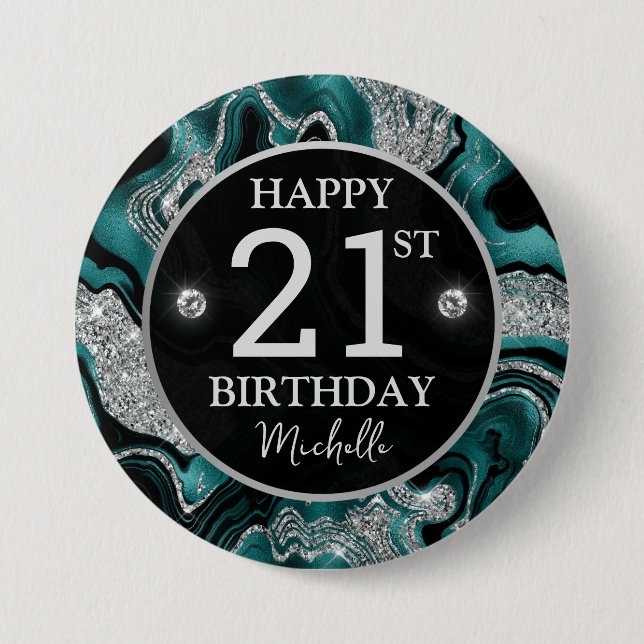 Elegant Teal and Silver Glitter Agate Birthday Button (Front)