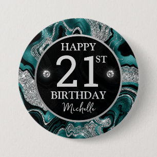 Elegant Teal and Silver Glitter Agate Birthday Button