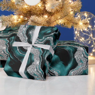 Elegant Teal and Silver Glitter Agate Birthday Wrapping Paper