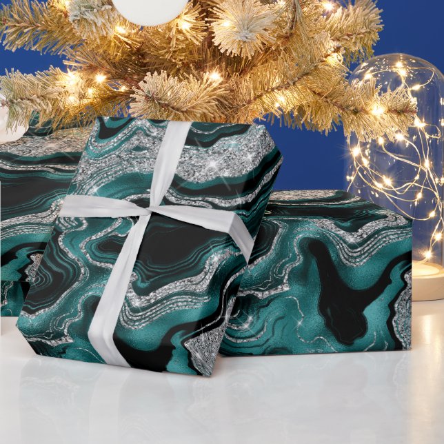 Elegant Teal and Silver Glitter Agate Birthday Wrapping Paper (Holidays)