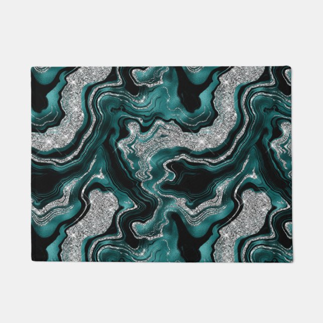 Elegant Teal and Silver Glitter Agate Pattern Doormat (Front)
