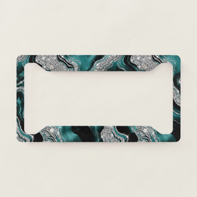 Elegant Teal and Silver Glitter Agate Pattern License Plate Frame (Front)