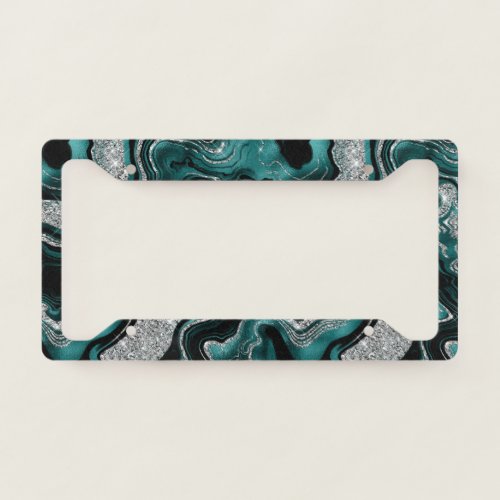 Elegant Teal and Silver Glitter Agate Pattern License Plate Frame