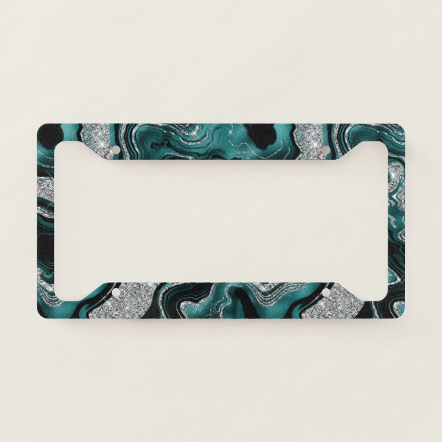 Elegant Teal and Silver Glitter Agate Pattern License Plate Frame (Front)