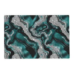 Elegant Teal and Silver Glitter Agate Pattern Placemat