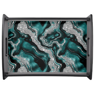 Elegant Teal and Silver Glitter Agate Pattern Serving Tray