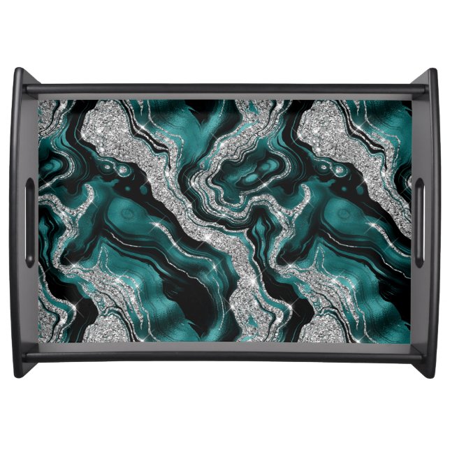 Elegant Teal and Silver Glitter Agate Pattern Serving Tray (Front)