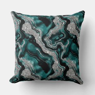 Elegant Teal and Silver Glitter Agate Pattern Throw Pillow