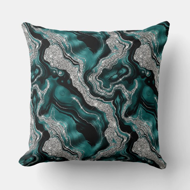Elegant Teal and Silver Glitter Agate Pattern Throw Pillow (Front)