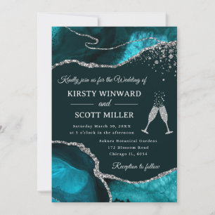 Elegant Teal and Silver Glitter Agate Wedding Invitation