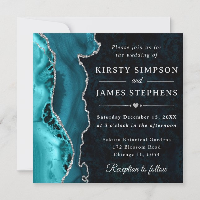 Elegant Teal and Silver Glitter Agate Wedding Invitation (Front)