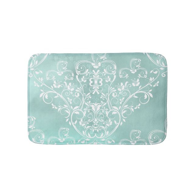 Elegant Teal and White Damask Bathroom Mat (Front)