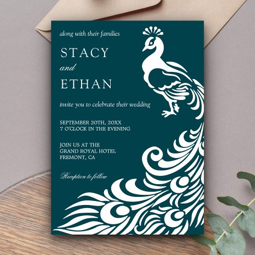 Elegant Teal and White Peacock Wedding Invitation