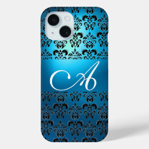 ELEGANT TEAL AQUA BLUE BLACK DAMASK MONOGRAM iPhone 15 CASE