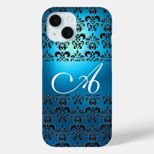 ELEGANT TEAL AQUA BLUE BLACK DAMASK MONOGRAM iPhone 15 CASE