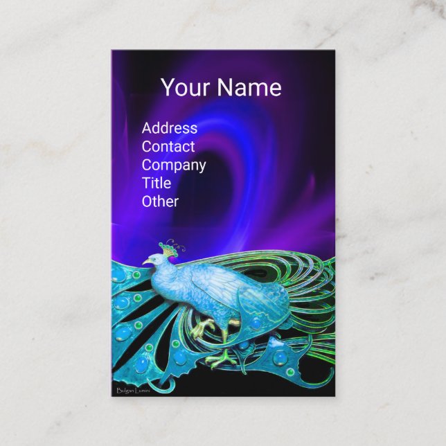 ELEGANT TEAL AQUA BLUE PEACOCK,PURPLE BLACK SWIRL BUSINESS CARD (Front)