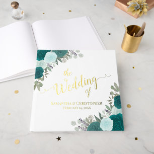 Elegant Teal & Aqua Boho Chic Roses Foil Wedding Guest Book