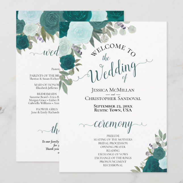 Elegant Teal & Aqua Boho Floral Wedding Program (Front/Back)