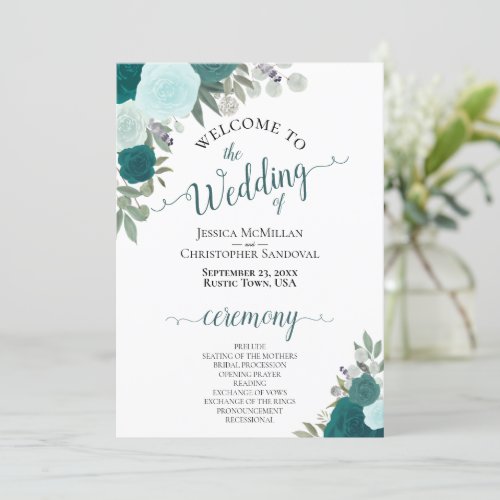 Elegant Teal  Aqua Boho Floral Wedding Program