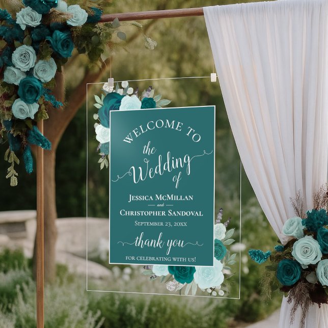 Elegant Teal & Aqua Boho Roses Wedding Welcome Acrylic Sign (Creator Uploaded)