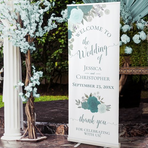 Elegant Teal  Aqua Boho Roses Wedding Welcome Retractable Banner