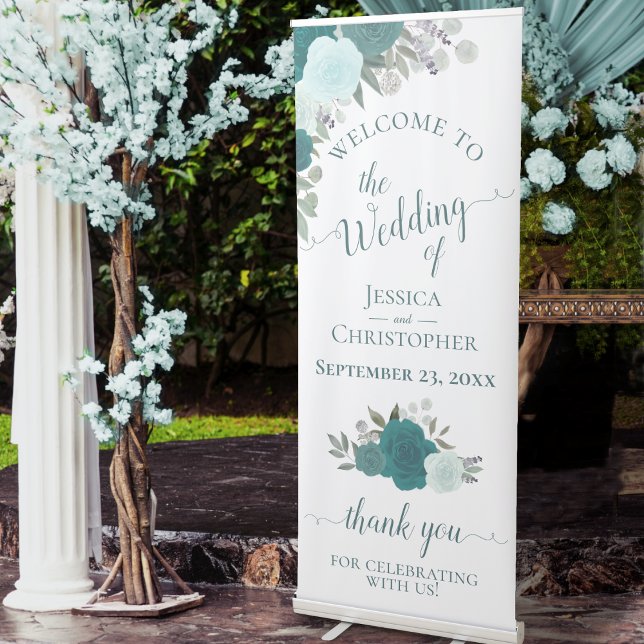 Elegant Teal & Aqua Boho Roses Wedding Welcome Retractable Banner (Creator Uploaded)