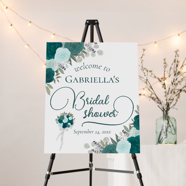 Elegant Teal & Aqua Roses Bridal Shower Welcome Foam Board (In Situ (Stand))