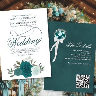 Elegant Teal & Aqua Roses Floral QR Code Wedding Invitation