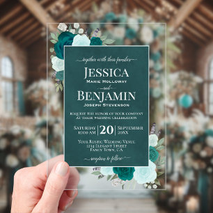 Elegant Teal & Aqua Roses Stylish Text Wedding Acrylic Invitations