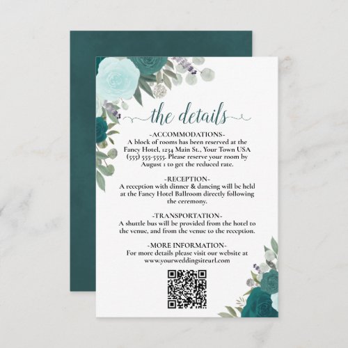 Elegant Teal  Aqua Roses Wedding Details QR Code Enclosure Card