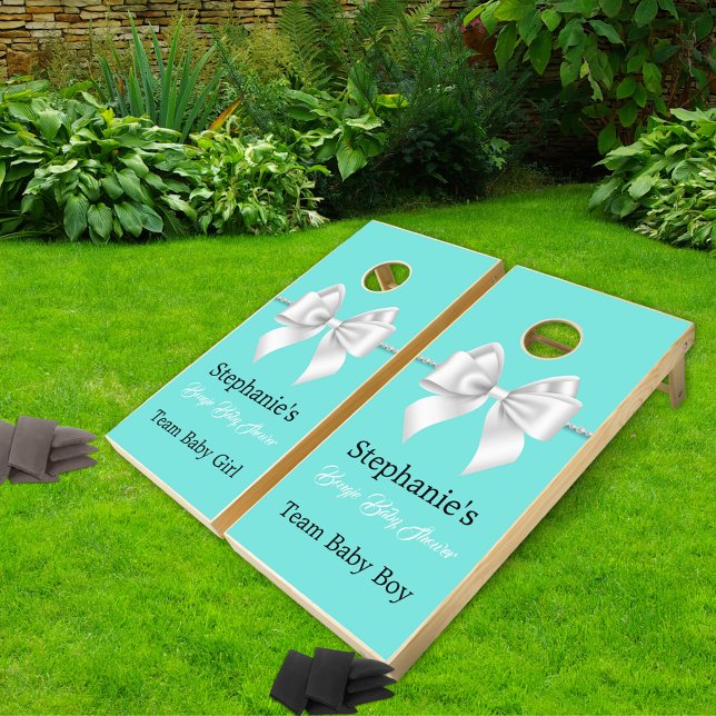 Elegant Teal Aqua Tiffany Theme Baby Shower Cornhole Set (Unique Baby Shower Cornhole Game for Bougie Tiffany Theme with White Bow and Pearls Gender Reveal)