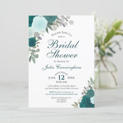 Elegant Teal Aqua Watercolor Floral Bridal Shower Invitation