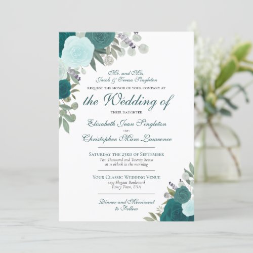 Elegant Teal Aqua Watercolor Roses Formal Wedding Invitation