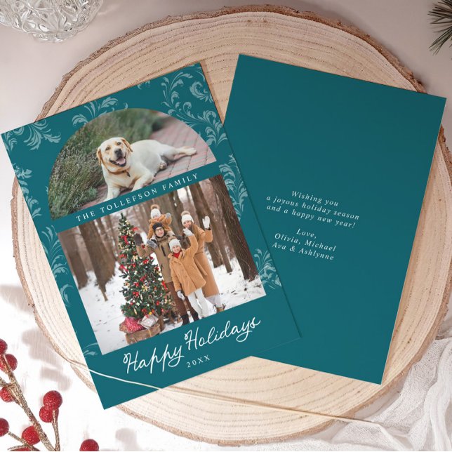 Elegant Teal Arch Family Photo Christmas Holiday Card (Teal arch Christmas card with two family photos, vintage foliage, and “happy holidays” script.)