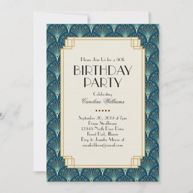 Elegant Teal Art Deco Birthday Party Invitation (Front)