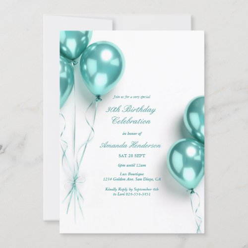 Elegant Teal Balloon Birthday Party Invitation