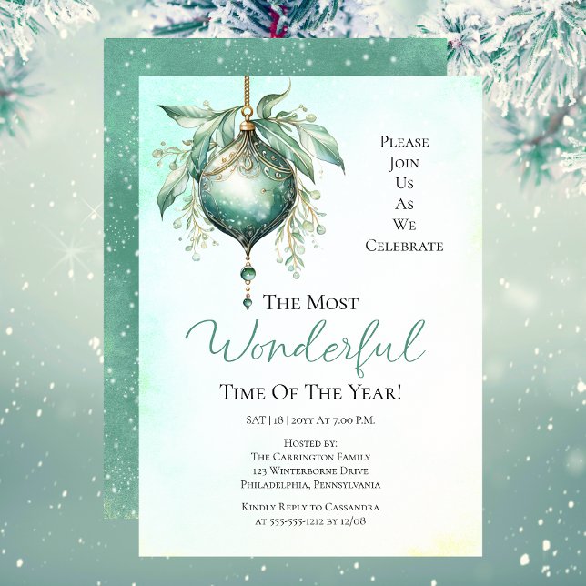 Elegant Teal Bauble Most Wonderful Time Year Party Invitation (Elegant Teal Bauble "The Most Wonderful Time Of The Year" Christmas Holiday Party Invitation)