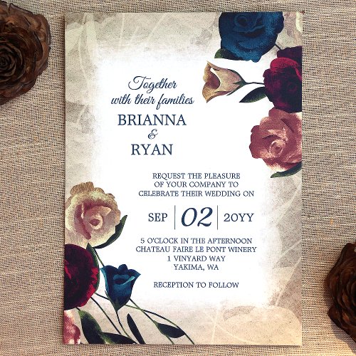 Elegant Teal Beige Burgundy Rose Bouquets Wedding Invitation