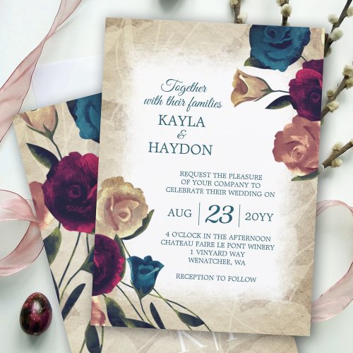 Elegant Teal Beige Burgundy Rose Bouquets Wedding Invitation