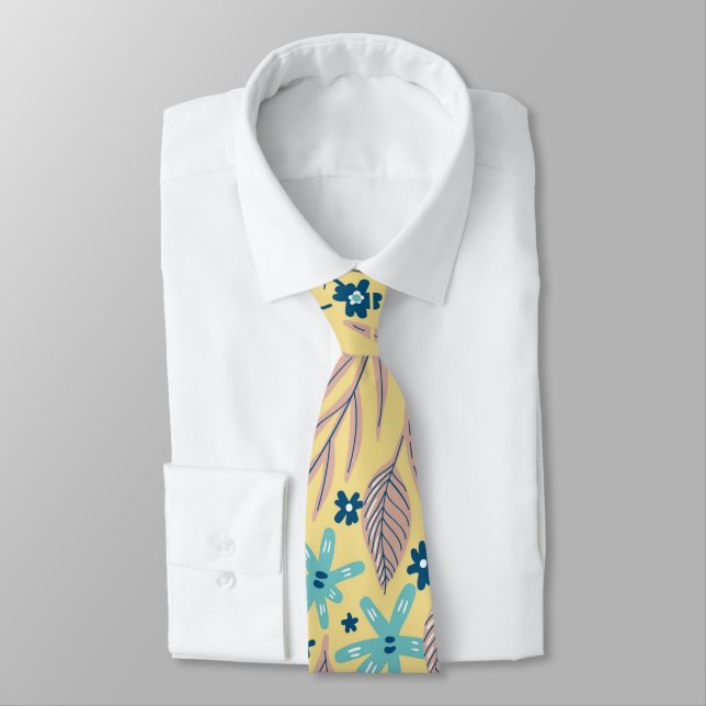 Elegant Teal & Beige Foliage Floral Pattern Men's Neck Tie (Tied)