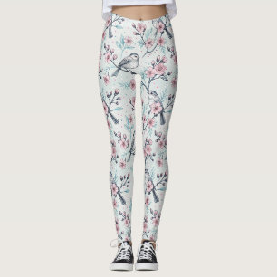 Elegant Teal Birds Pink Cherry Blossoms Leggings