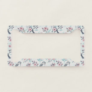 Elegant Teal Birds Pink Cherry Blossoms License Plate Frame
